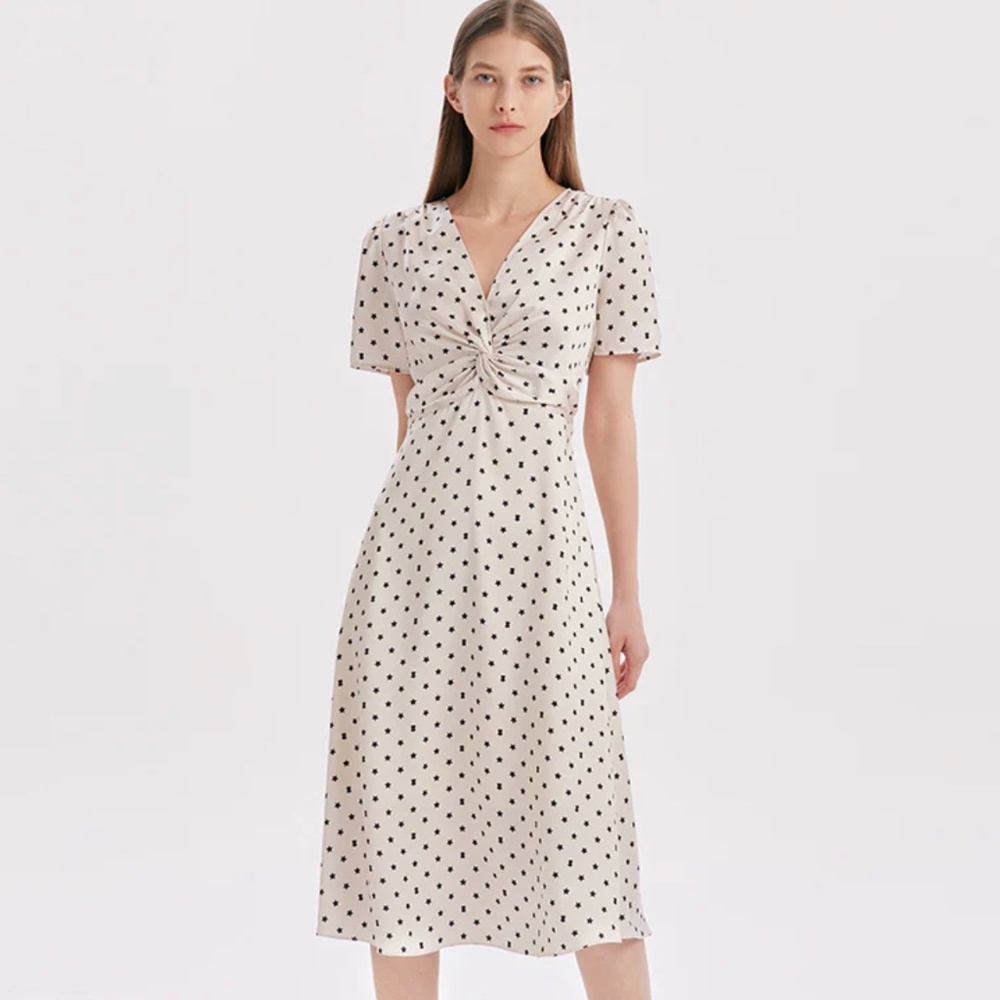 Beige Combo Print V-Neck Twisted Dress, Size S